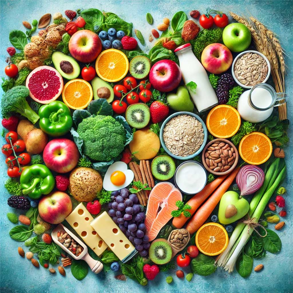 A vibrant collage of heart-healthy foods, including leafy greens, colorful fruits (apples, bananas, oranges, grapes), whole grains (oatmeal, brown rice)